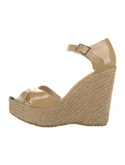 Pre-owned Jimmy Choo Patent Leather Cutout Accent Espadrilles In Neutral