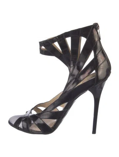Pre-owned Jimmy Choo Patent Leather Cutout Accent Gladiator Sandals In Black