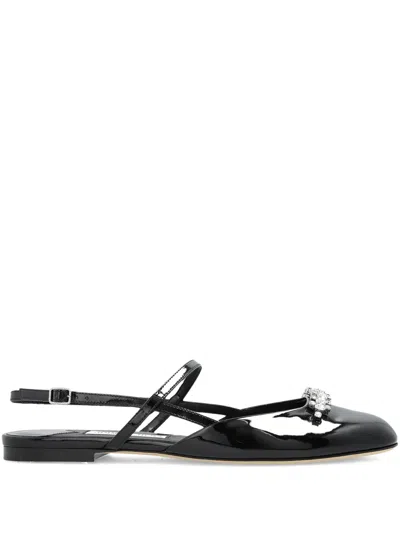 Jimmy Choo Patent Leather Lace-up Flats With Rhinestone Accents In Black