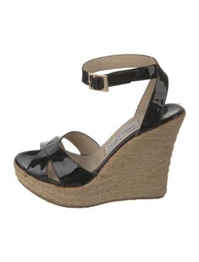 Pre-owned Jimmy Choo Patent Leather Leather Trim Embellishment Espadrilles In Black/neutrals