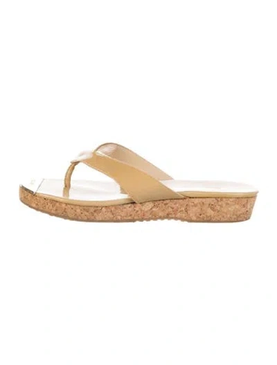 Pre-owned Jimmy Choo Patent Leather Leather Trim Embellishment Flip Flops In Neutral
