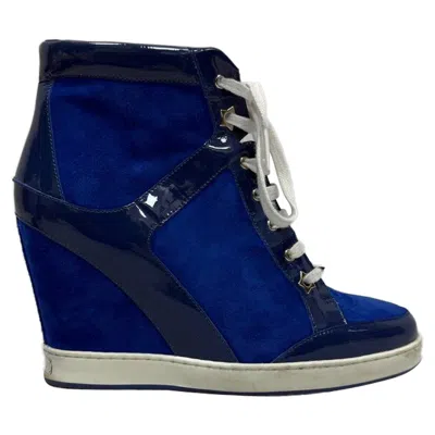 Jimmy Choo Patent Leather Panama Wedge Sneakers In Blue Suede