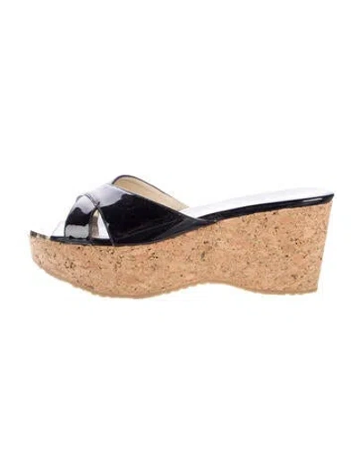 Pre-owned Jimmy Choo Patent Leather Printed Slides In Black