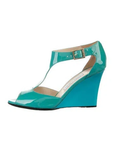 Pre-owned Jimmy Choo Patent Leather T-strap Pumps In Blue