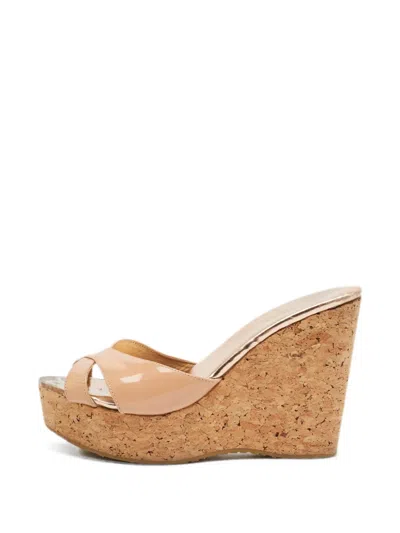 Pre-owned Jimmy Choo Patent Leather Wedge Sandals In Neutrals