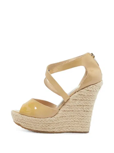 Pre-owned Jimmy Choo Patent-leather Wedge Sandals In Neutral