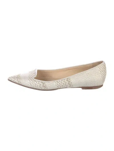 Pre-owned Jimmy Choo Patterned Leather Trim Embellishment Ballet Flats In White