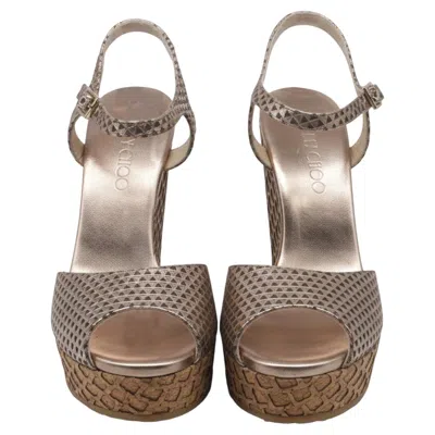Pre-owned Jimmy Choo Patterned Peep-toe Wedge Sandals In Metallic Gold Leather In Brown