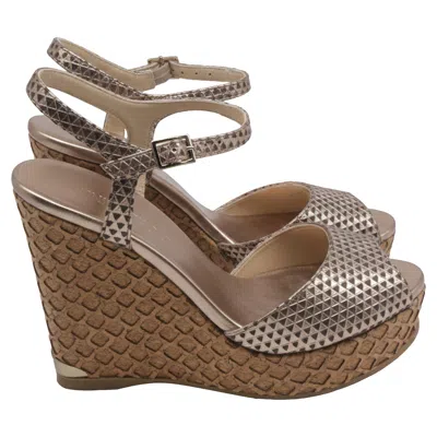 Jimmy Choo Patterned Peep-toe Wedge Sandals In Metallic Gold Leather In Multi