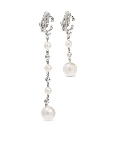 Jimmy Choo Crystals And Pearls Logo Drop Earrings In Silver