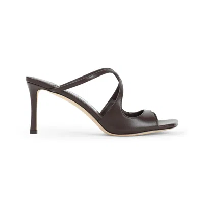 Jimmy Choo Peep-toe Brown Sandals With Crisscross Straps And Comfortable Heel