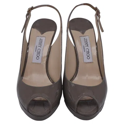 Pre-owned Jimmy Choo Peep Toe Platform Slingback Pumps In Beige Patent Leather In Brown