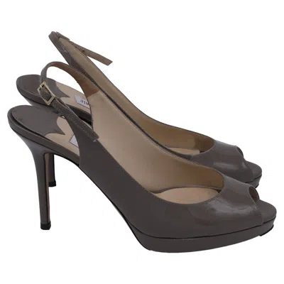 Jimmy Choo Peep Toe Platform Slingback Pumps In Beige Patent Leather In Gray