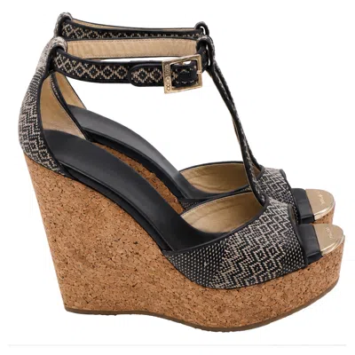 Jimmy Choo Pela Cork Wedge T-strap Sandals In Black Leather In Multi