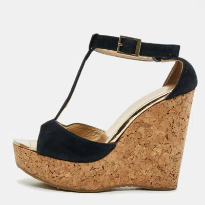 Pre-owned Jimmy Choo Pela Size 37.5 Navy Blue Suede Wedge Sandals