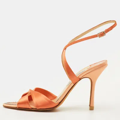 Pre-owned Jimmy Choo Perfect-f Size 38.5 Orange Satin Crystal Embellished Ankle Strap Sandals