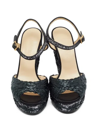 Pre-owned Jimmy Choo Perla Braided Wedge Sandals In Black