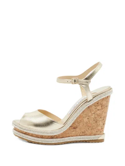 Pre-owned Jimmy Choo Perla Leather Wedge Sandals In Gold