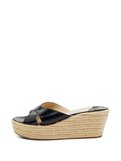 Pre-owned Jimmy Choo Phyllis Crossover Wedge Sandals In Black