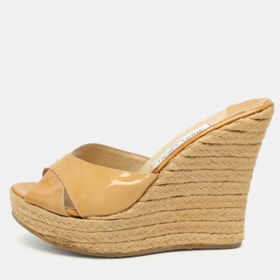 Pre-owned Jimmy Choo Phyllis Size 39 Beige Patent Leather Espadrilles Platform Wedges Sandals