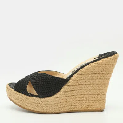 Pre-owned Jimmy Choo Phyllis Size 41 Black Snakeskin Embossed Leather Wedge Sandals