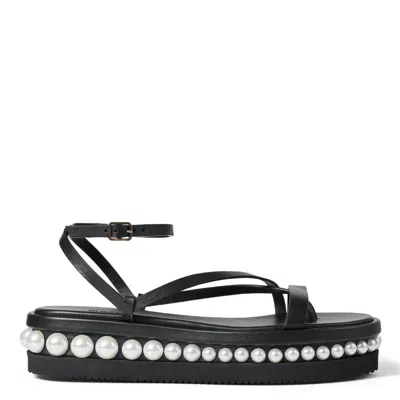Jimmy Choo Pine Flat Pearl Embellished Leather Sandals In Black