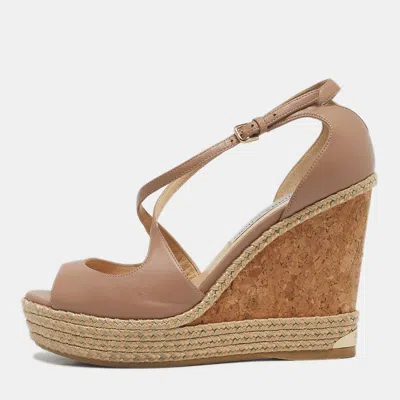 Pre-owned Jimmy Choo Pink Leather Crisscross Strap Cork Wedge Sandals Size 39