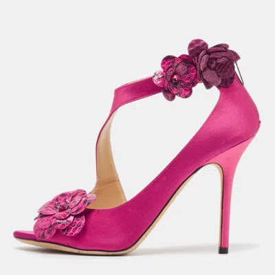 Pre-owned Jimmy Choo Pink Satin And Python Flower Applique Sandals Size 39.5