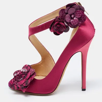 Pre-owned Jimmy Choo Pink Satin And Python Vera Sandals Size 37