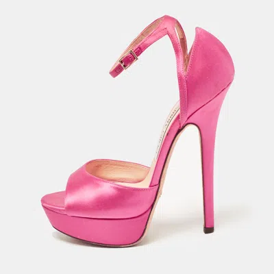 Pre-owned Jimmy Choo Pink Satin Ankle Strap Platform Sandals Size 37.5
