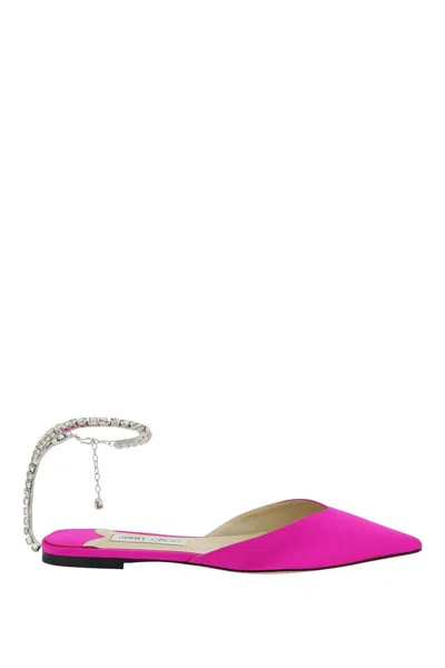 Jimmy Choo Pink Satin Ballet Flats With Crystal Ankle Strap And Charm In Fuchsia