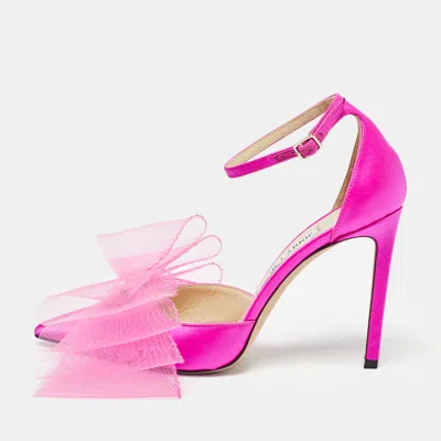 Pre-owned Jimmy Choo Pink Satin Bow Ankle Strap Sandals Size 38.5