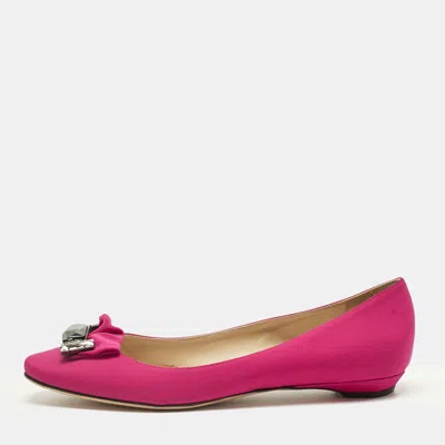 Jimmy Choo Pink Satin Crystal Embellish Round Toe Ballet Flats