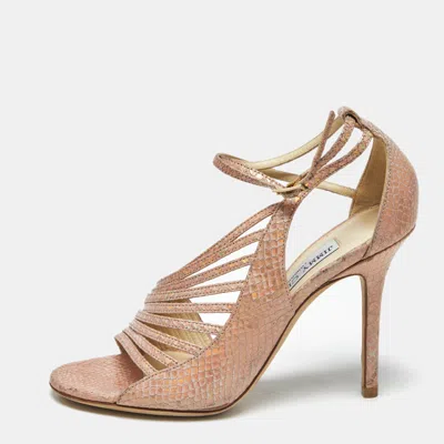 Pre-owned Jimmy Choo Pink Snakeskin Embossed Florry Ankle Strap Sandals Size 36.5