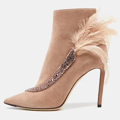 Jimmy Choo Pink Suede And Feather Crystal Embellished Ankle Boots In Sand