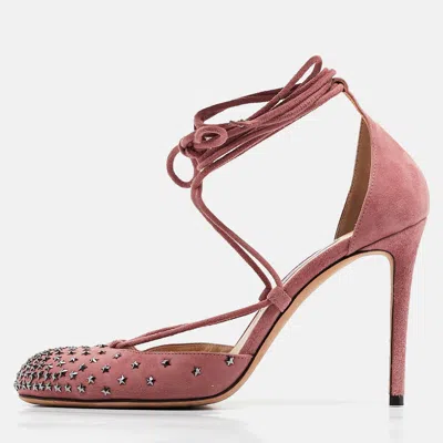 Pre-owned Jimmy Choo Pink Suede Star Studded Ankle Wrap Pumps Size 38.5