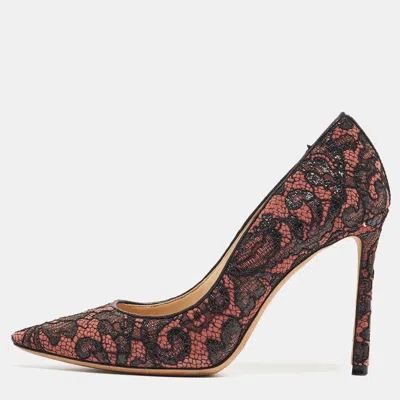 Jimmy Choo Pink/black Lace And Mesh Pointed Toe Pumps In Brown