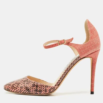 Pre-owned Jimmy Choo Pink/brown Watersnake And Fabric Ankle Strap Sandals Size 39.5