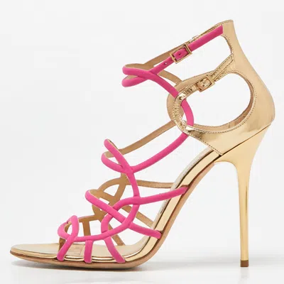 Pre-owned Jimmy Choo Pink/gold Leather And Fabric Buckle Detail Cage Sandals Size 39