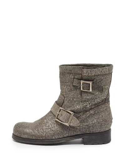 Pre-owned Jimmy Choo Platinum Buckle Ankle Boots In Grey