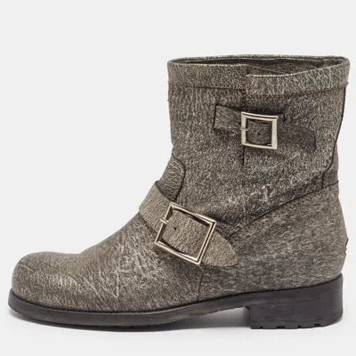 Pre-owned Jimmy Choo Platinum Size 38 Grey Textured Leather Buckle Detail Ankle Boots In Gray
