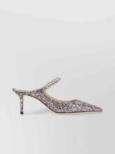 JIMMY CHOO POINTED TOE KITTEN HEEL MULES WITH GLITTER EMBELLISHED STRAP