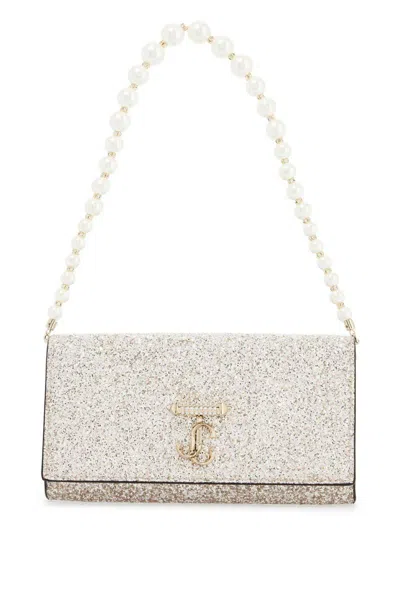 Jimmy Choo Portafoglio A Catena Tessuto Glitterato Sabbia Chiaro Perle Bianche Piccolo