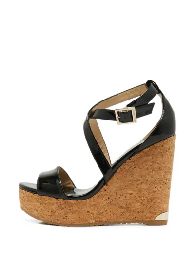 Pre-owned Jimmy Choo Portia Patent-leather Wedge Sandals In Black
