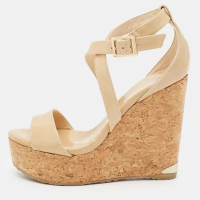 Pre-owned Jimmy Choo Portia Size 35 Beige Patent Leather Cork Platform Wedge Sandals