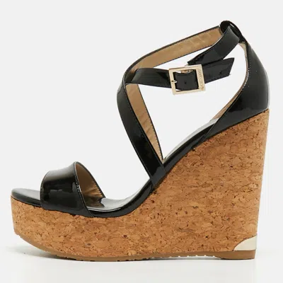 Pre-owned Jimmy Choo Portia Size 37.5 Black Patent Leather Wedge Sandals