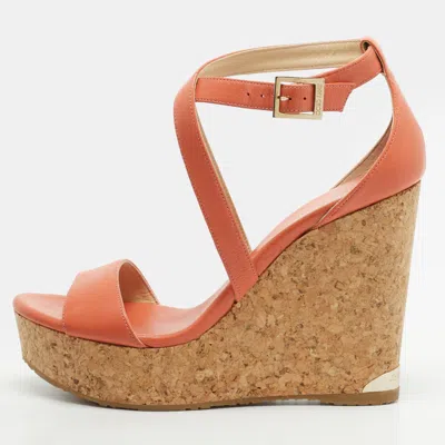 Pre-owned Jimmy Choo Portia Size 39 Orange Leather Cork Wedge Sandals