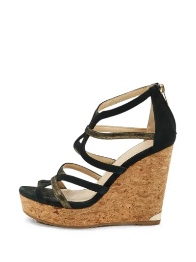 Pre-owned Jimmy Choo Portia Wedge-heel Sandals In Black