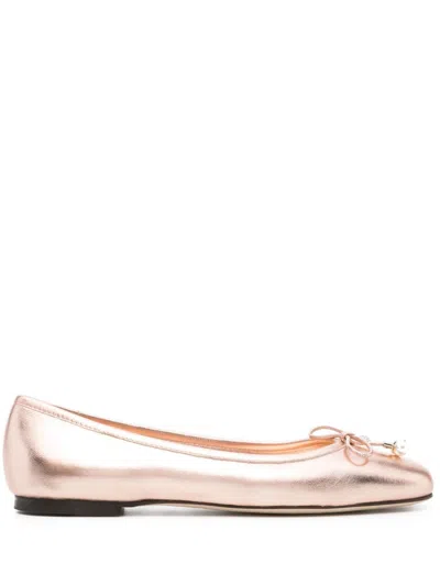 Jimmy Choo Powder Pink Metallic Leather Ballet Flats With Bow Detailing And Square Toe In White