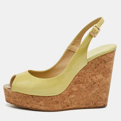 Pre-owned Jimmy Choo Praise Cork Size 39 Yellow Patent Leather Platform Slingback Wedge Sandals